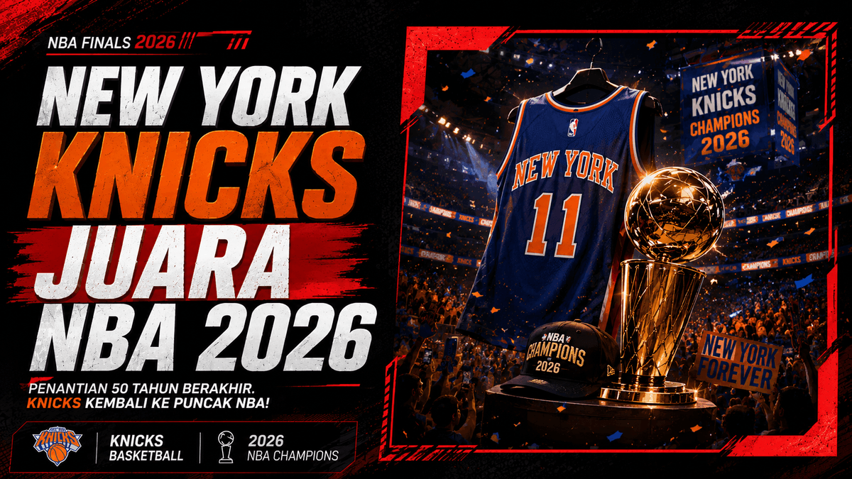 Ilustrasi poster New York Knicks juara NBA 2026 beserta jersey official, piala, serta topi NBA di stadium.