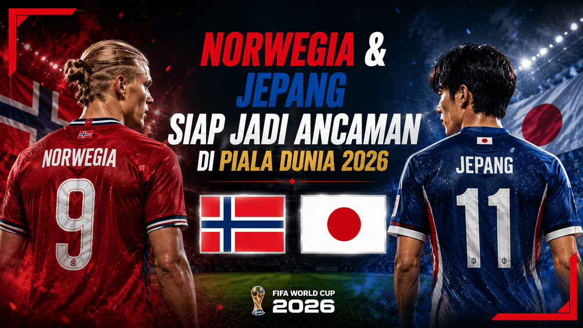 Ilustrasi Norwegia dan Jepang dengan jersey resmi di Piala Dunia 2026.